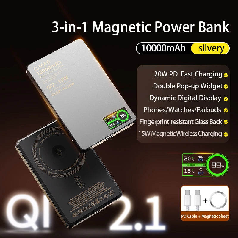 Magnetic Wireless Powerbank Qi 2.1 USB-C Fast Charging External Battery for iPhone 12-17 Pro Airpods Apple Watch Xiaomi 10000mAh