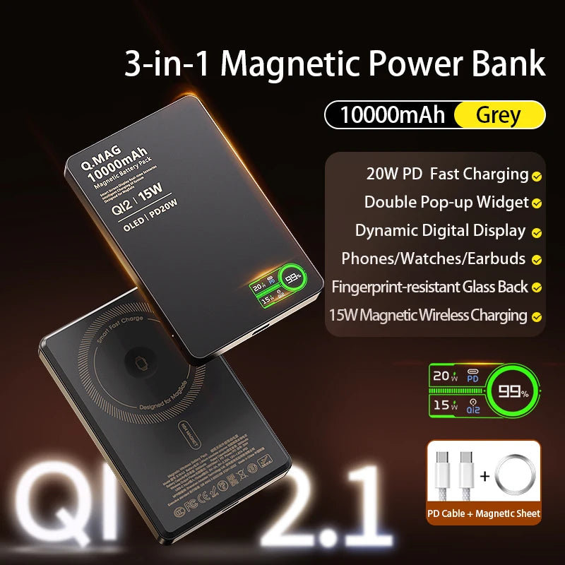 Magnetic Wireless Powerbank Qi 2.1 USB-C Fast Charging External Battery for iPhone 12-17 Pro Airpods Apple Watch Xiaomi 10000mAh