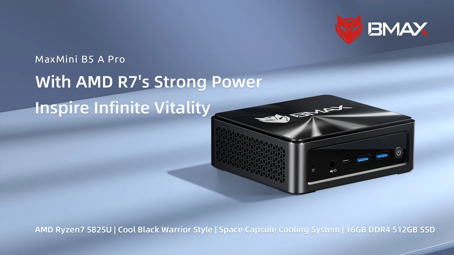 BMAX B5A Pro Mini PC | AMD Ryzen 7 5825U/5700U | Radeon Graphics | 16GB+512GB | Win11 Pro | 4K@60Hz | USB4 | Ultra-Slim