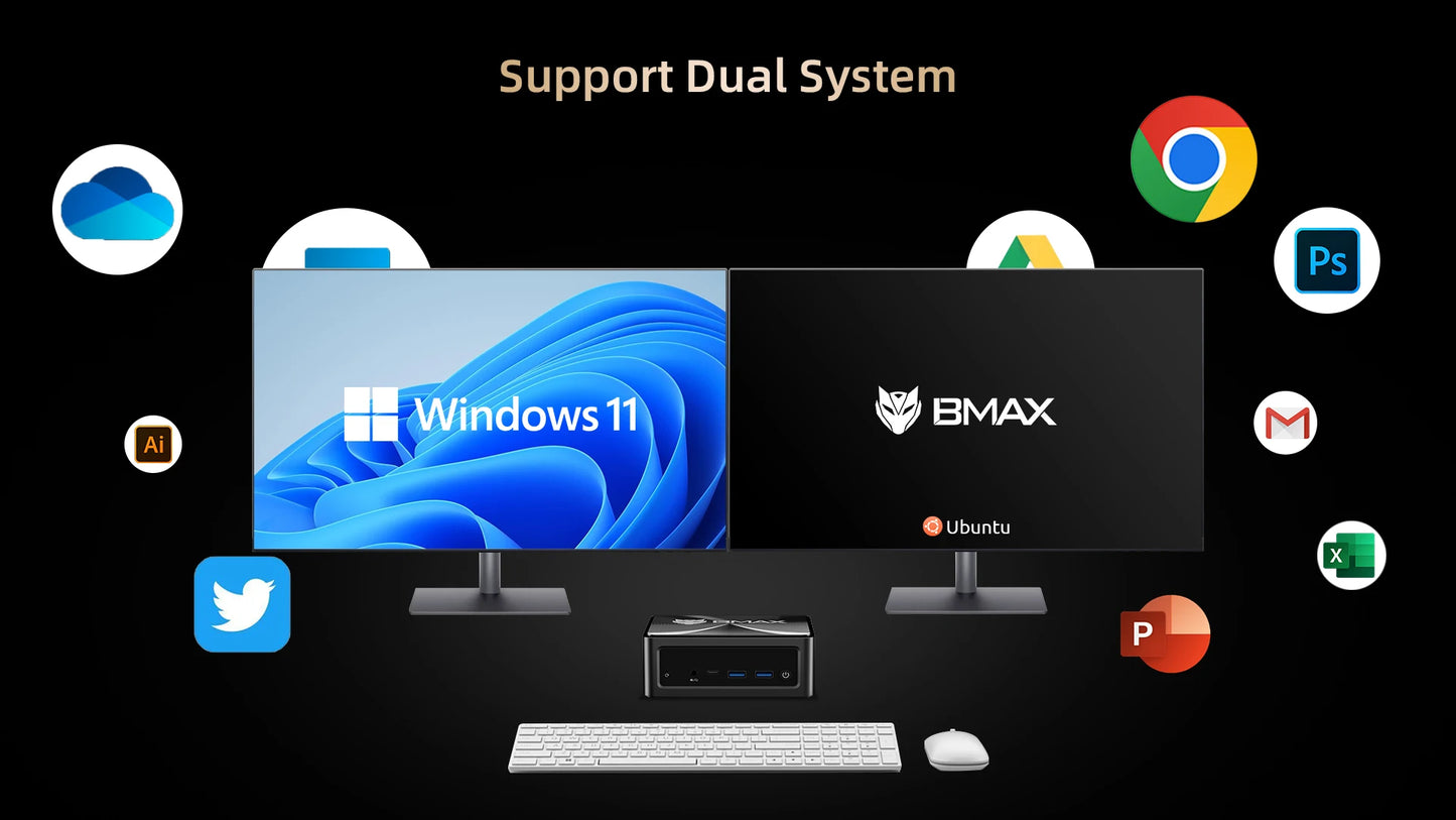 BMAX B5A Pro Mini PC | AMD Ryzen 7 5825U/5700U | Radeon Graphics | 16GB+512GB | Win11 Pro | 4K@60Hz | USB4 | Ultra-Slim