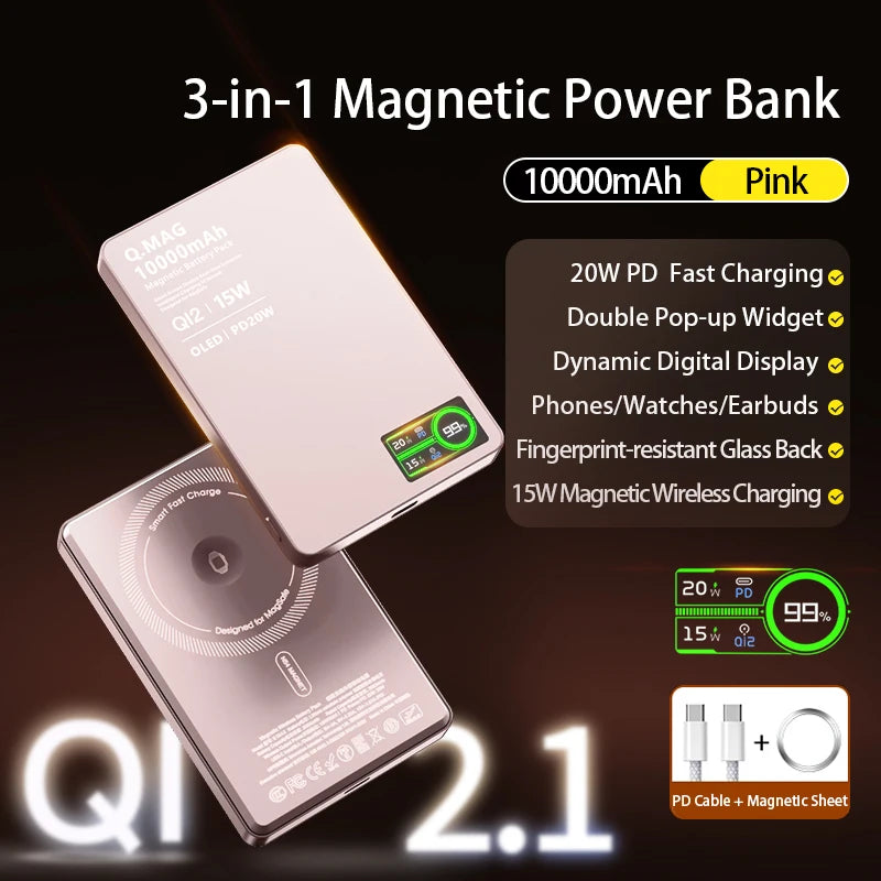 Magnetic Wireless Powerbank Qi 2.1 USB-C Fast Charging External Battery for iPhone 12-17 Pro Airpods Apple Watch Xiaomi 10000mAh